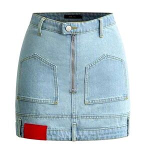 Light Blue Denim Mini Skirt with Red Detail